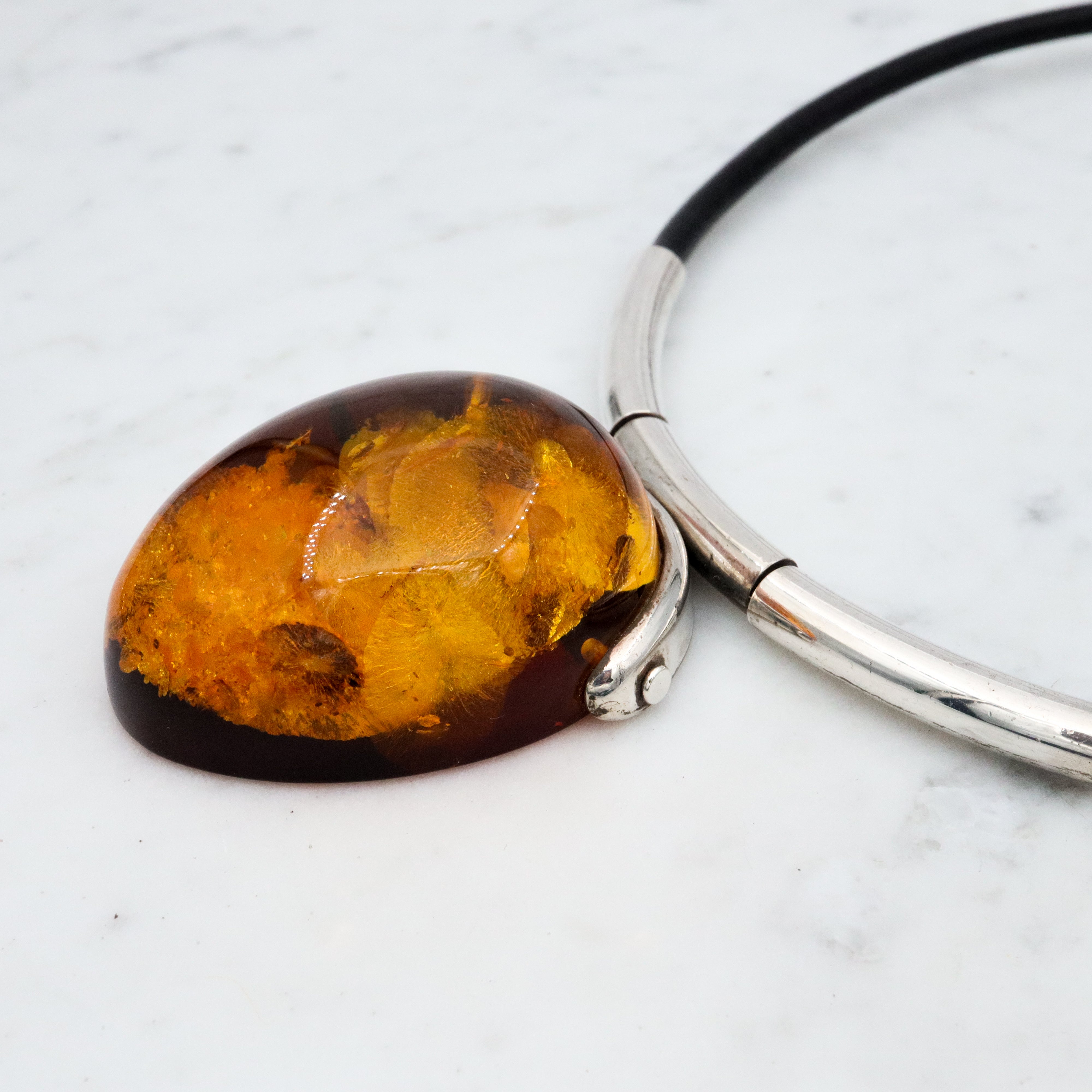 Massive retro amber sterling pendant necklace on leather cord
